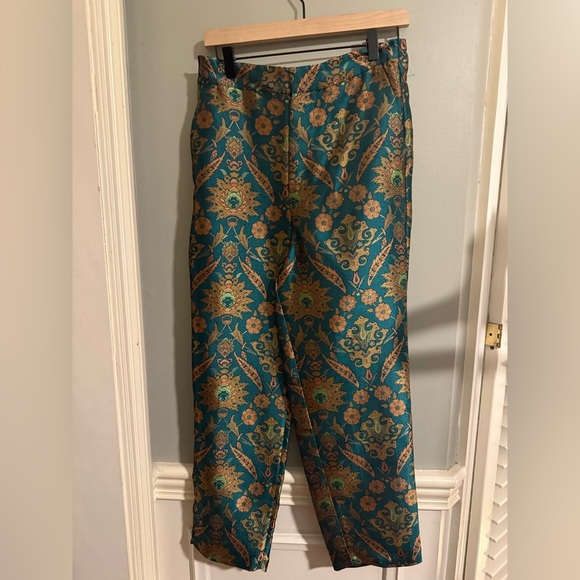 Maeve Blue and Gold Palazzo Pants with Intricate Pattern - Picture 1 of 4